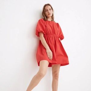 NWT Madewell Poplin Crewneck Bubble-Sleeve Mini Dress In Red. Size 6